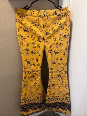Free People Yellow Floral Printed Flare Jeans